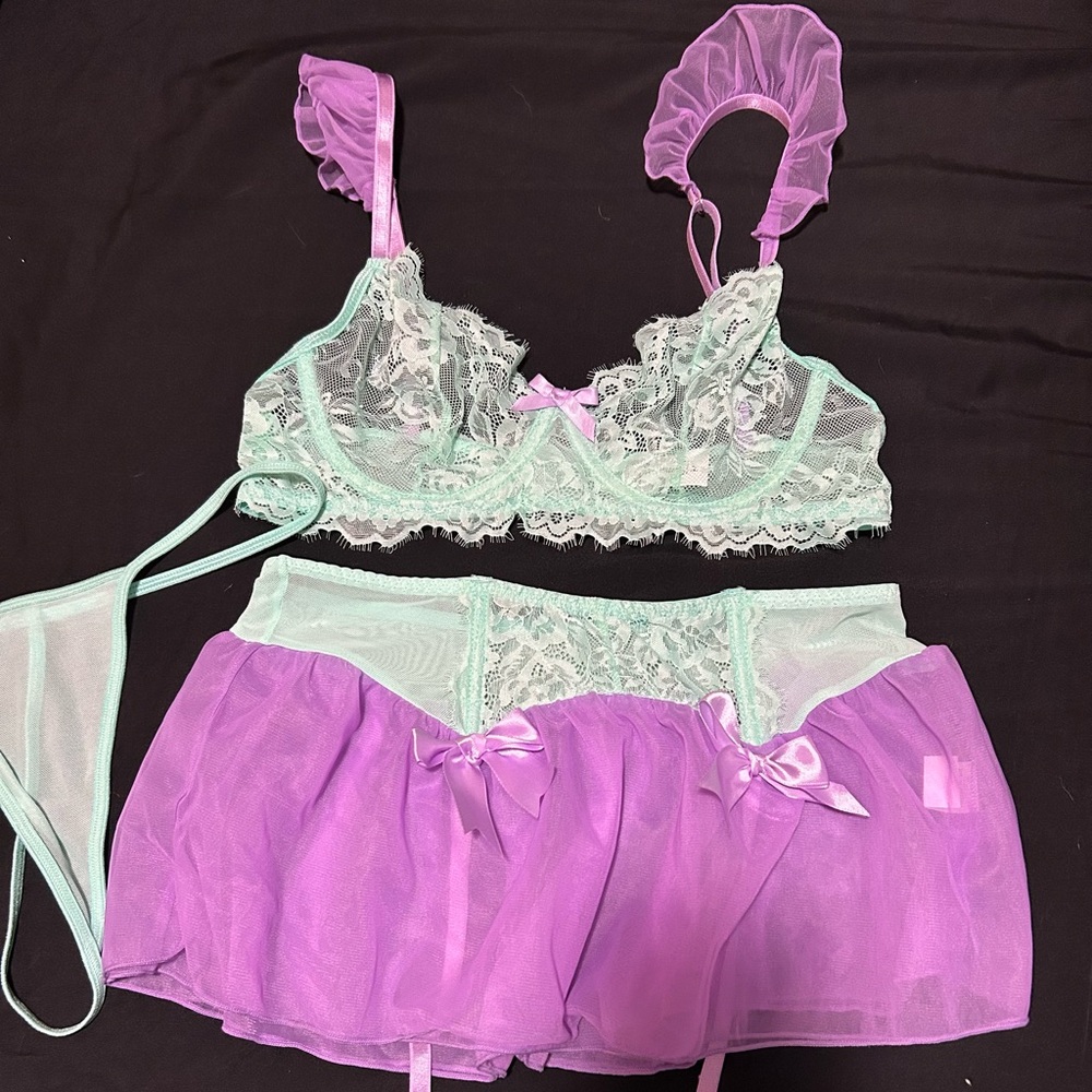 Sheer Lace Bralette & Skirt Set - Mint and Lavender